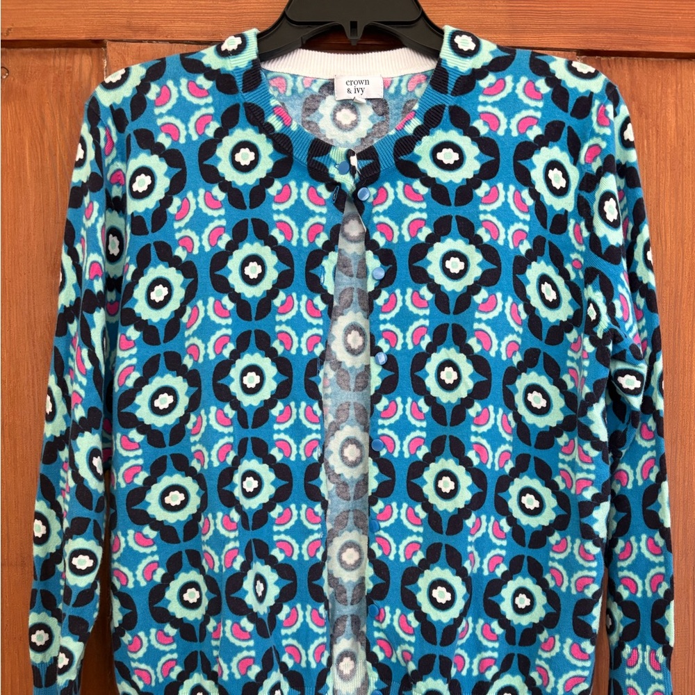Crown & Ivy Vibrant Blue Pink Black Cardigan Sweater L/XL